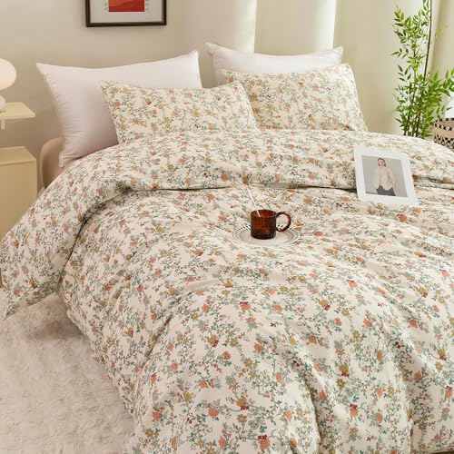 ECOCOTT Floral Duvet Cover Queen Size – 3 Piece 100% Washed Cotton Bedding Set with Zipper Closure, Soft Lightweight Breathable Botanical Print Comforter Cover for Spring Summer Bedroom Decor