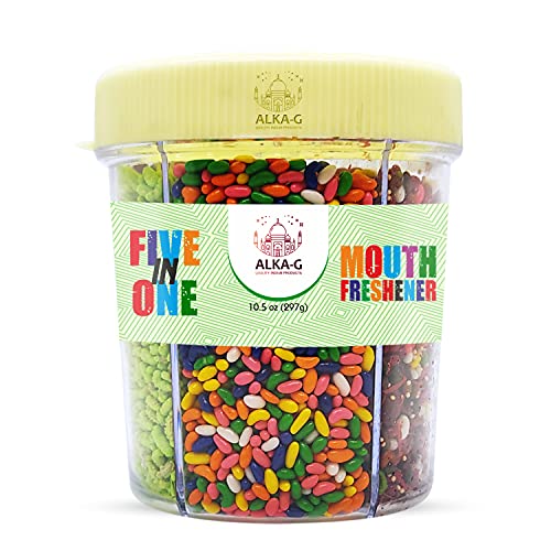 ALKA-G 5 in 1 Mukhwas Pack 10.5oz | Gujrati Mukhwas, Punjabi Mukhwas, Royal Mukhwas, Khus Mukhwas, Fennel Candy | Indian After Meal Digestive Treat | Indian Mouth Freshener | MADE IN INDIA