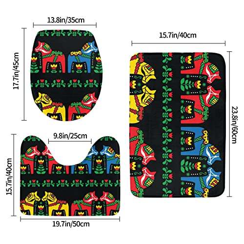 badezimmer 3-teiliges Badezimmerteppich-Set, Läufer, schwedisches Dala-Pferd, Volksdruck, 3-teiliges Badezimmerteppich-Set, Badematte + Kontur + Toilettendeckelbezug, rutschfeste Unterlage sets – Bild 3