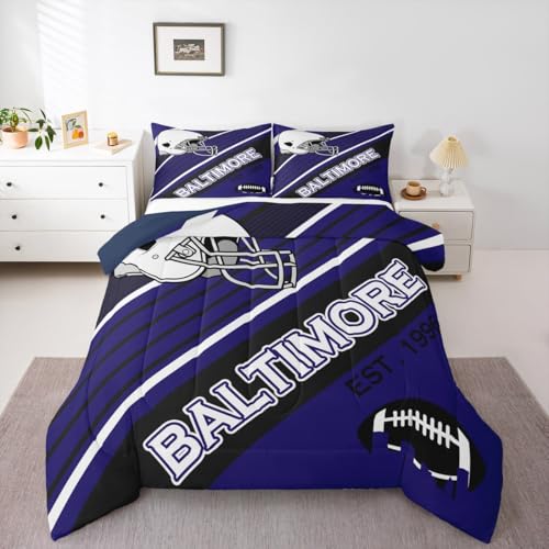 American Football Lovers Comforter Set International Ball Teams Bedding Gifts for Men, Blue and Black Football Helmet Queen Bed Comforter Set for Boys Teens Geometry Striped Quilt (Baltimore)