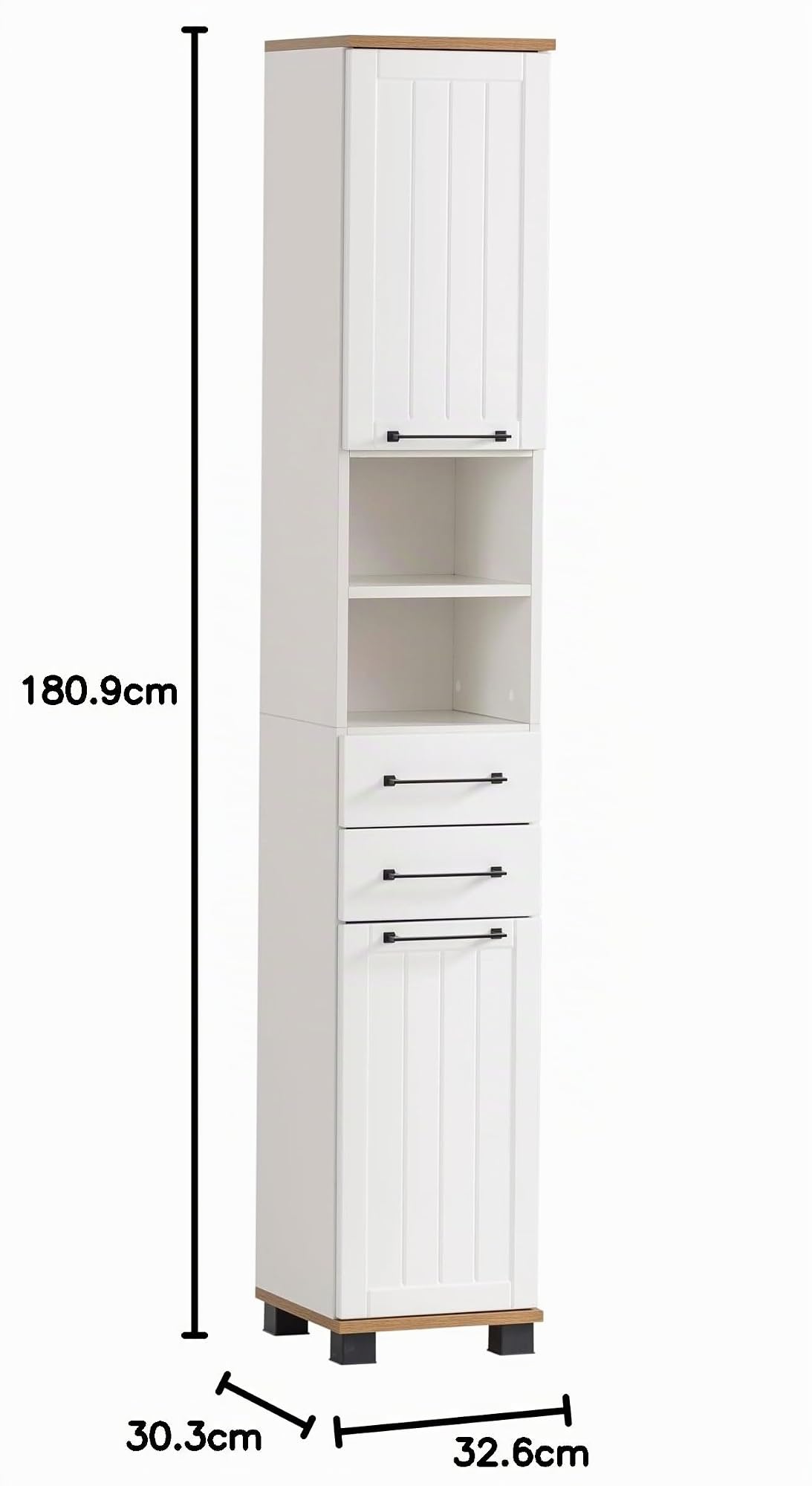 Schildmeyer Hochschrank Jelda 154220, matt weiß/Eiche Landhaus Dekor, 30,3 x 32,6 x 180,9 cm