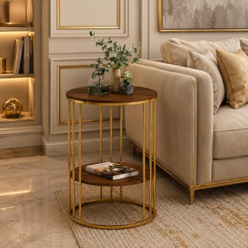 Image of Modern Double-Top Coffee Table with Rustic Farmhouse Accent, Multipurpose Living Room Bedroom, Two-Tier Small Sofa Side Bedside Table with Metal Frame Nightstand (Gold Brown Y)