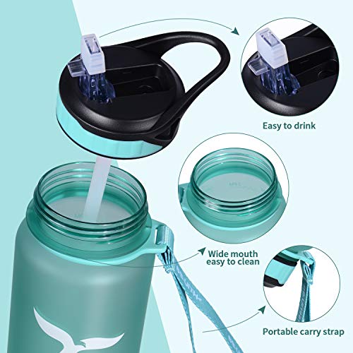 TILUCK Water Bottle with Straw Lid 34oz Motivational Fitness Sports Water Bottle with Time Marker & Straw, Large Wide Mouth Leakproof Durable BPA Free Non-Toxic (Green)