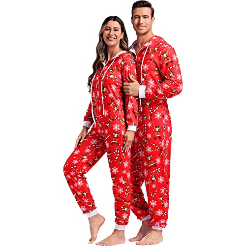 frawirshau Christmas Onesie Pajamas For Family Matching Onesies For Couples Christmas Pajamas Adult Men Reindeer Onesie Red XL2