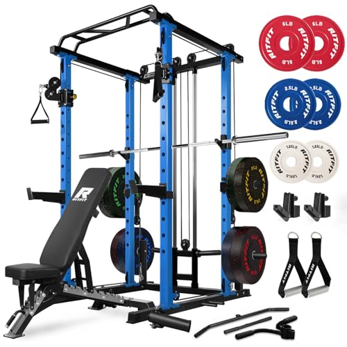 Image of RitFit Squat Rack Power Cage Home Gym Package, Includes 1000LBS Power Rack with Cable Crossover System, Weight Bench, Weight Plate Set with Olympic Barbell (Package 1.9K (Bumper Plate 340LBS))-Blue