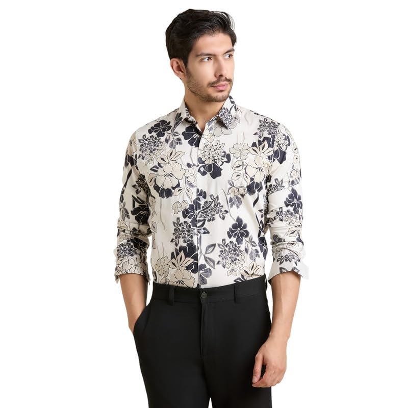 Image of MARK & ALBERT Men's Printed Full Sleeves Regular Fit Shirt Blue | 100% Cotton Stretchable Fabric