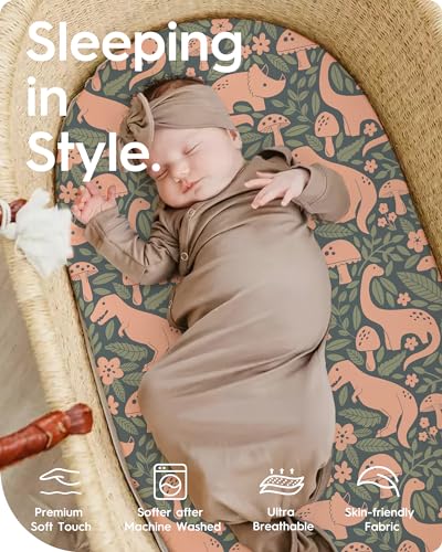 Image of Bassinet Sheets for Baby Boy Girl, TotBasic Buttery Soft Universal Bassinet Fitted Sheet, Compatible with Halo, Mika Micky, Baby Delight, Dream On Me, Maxi COSI & More Bassinet Mattress(PinkDinosaurs)