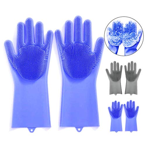 Rubber Gloves, Reusable Silicone Dishwashing Gloves, Pair of Rubber Scrubbing Gloves for Dishes, Wash Cleaning Gloves with Sponge Scrubbers for Washing Kitchen, Bathroom, Car & More (Blue)