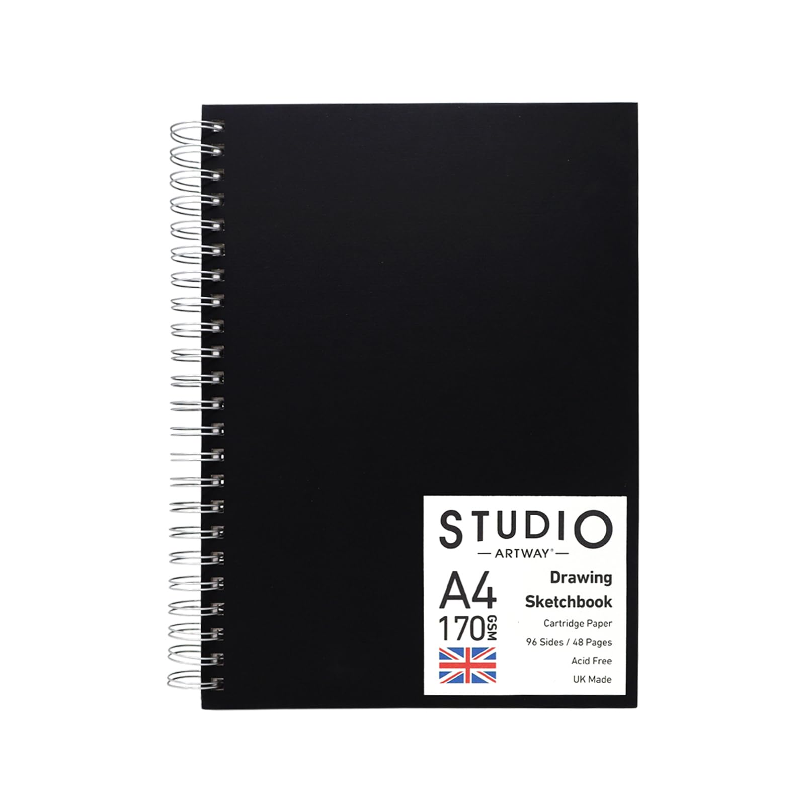 Artway Studio – Spiral Bound A4 Sketchbook – Portrait - 96 Sides/48 Pages of 170gsm Cartridge Paper – Black Hardback Sketchbook