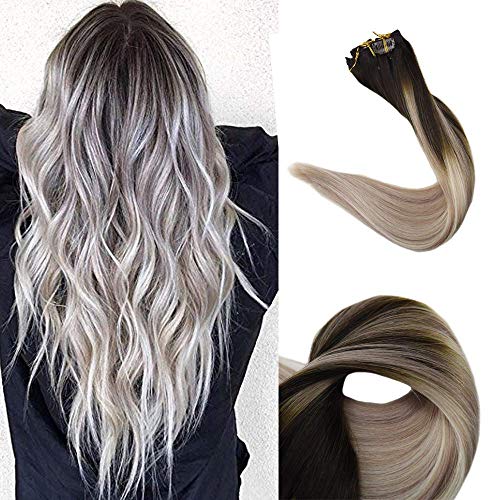 【Promotion】Full Shine 14" Balayage Clip In Hair Extensions Dark Roots Color #2 Darkest Brown Fading To Color #18 Ash Blonde And Color #60 White Blonde Remy Hair 10Pieces 100 Gram