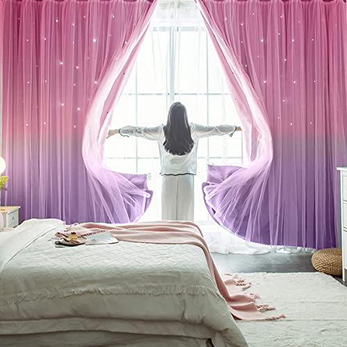 Image of Yancorp Curtains for Girls Bedroom Kids Curtain Hollow-Out Star Window Drapes Curtain 63 inches Length Room Darkening Grommet 2 Layers(Pink Purple,W34*L63)