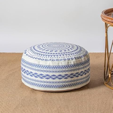 MOCOFO Unstuffed Round Pouf Covers Boho Colorful Geometric Ottoman Pouf Cover with Handle Design,Decoration Footstool for Living Room,Bedroom,Patio (Blue,18x18x8) Cover