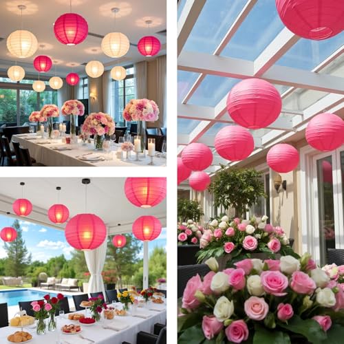 Image of Rose Red Chinese Paper Lanterns with LED Lights, 10-Pack 10inch | Hanging Lights for Wedding & Anniversary, Birthday Decorations, Ceiling Decor & Home Party