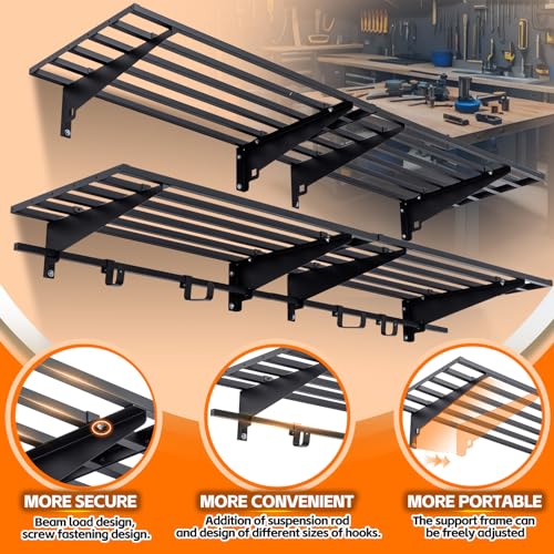 Wareyeasy JCDS001-BL-JH Garage Wall Shelving With Hooks,2-Pack 1.64 X 6Ft Garage Storage Rack,Loads 1050 Lbs 20-Inch-By-72-Inch Heavy Duty Wall Shelves,20 Inch X 72 Inch Garage Wall Shelf,Black thumb #2