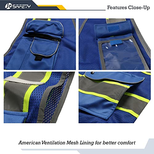 Image of JKSafety 9 Pockets Hi-Vis Zipper Front MESH Neon Blue Safety Vest with Fluorescent Yellow Extended Trim outling the Reflective Tapes Meet ANSI /ISEA Standards (100-Mesh-Blue, 5X-Large)