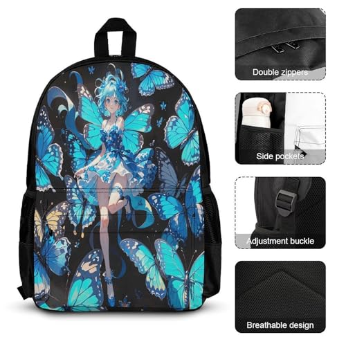 3-in-1 Backpack Combination Set Dreamcatcher Blue Butterfly Print 3Pcs Backpack Sets Travel Daypack with Lunch Bag And Cosmetic Bag3