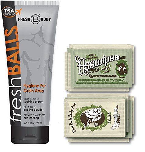 Fresh Balls and ASSWIPES to Go Single Packets! with 15 Flushable Individually Wrapped Cleansing Hygiene Wipes with Vitamin E and Aloe Plus One Bottle of Fresh Balls Antiperspirant!