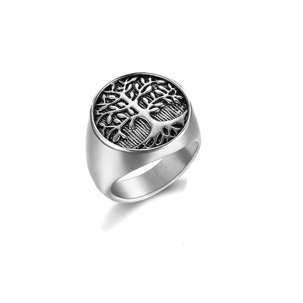 SEVEN50 Men's Stainless Steel Vintage Gold or White Plated Tree of Life Ring Signet Biker Band Round Top