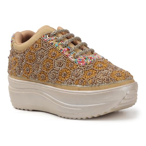 Image of Vendoz Women Hand Embroidery Wedding Party Bridal Floral High Heel Sneakers I Cushioned Insole I Comfortable Wear Wedge Shoes I for Ladies and Girls