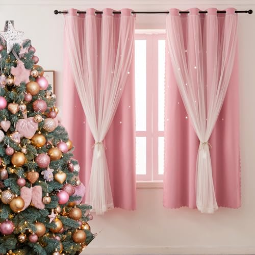Image of Star Cutout Pink Curtains Blackout Princess Room 4 Panels 52x72 Inches Long