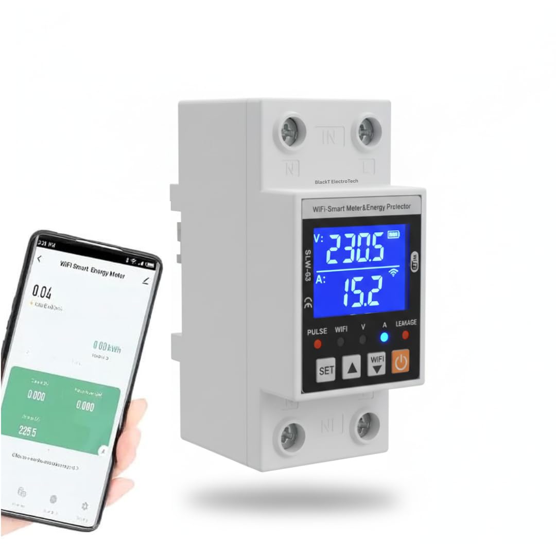 Blackt Electrotech BT720WP Smart Wi-Fi Over/Under Voltage Protector Energy Meter (AC 100-240V, 1-63A) with Leakage Protection, Remote Control & Power Monitoring Smart Life App