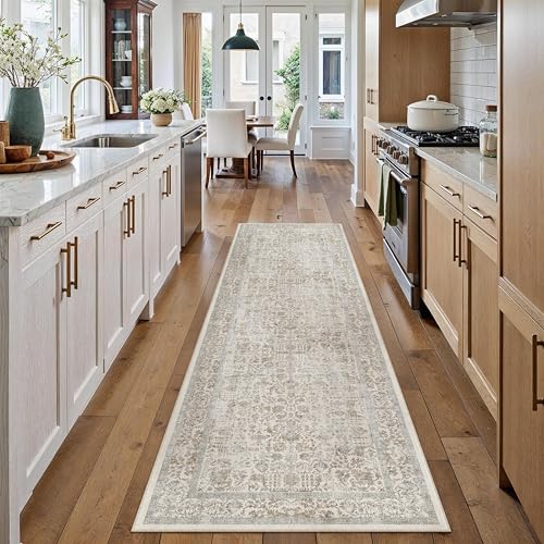 Taupe Runner Rug 2x7 Hallway Machine Washable Kitchen Vintage Distressed Non Slip Long Carpet Indoor Retro Floral Bedroom Accent Throw Rug for Bathroom Office Laundry Dining Living Room