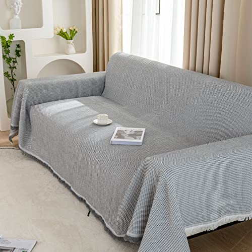 LHGOGO Waffel Sofa Überwurfdecke 180x300cm Große 3 Sitzer Sofaüberwurf Vielseitige Wohndecke als Sofadecke, Couch Überwürf, Sofa Überzug und Tagesdecke mit Deko Quasten - Hellgrau