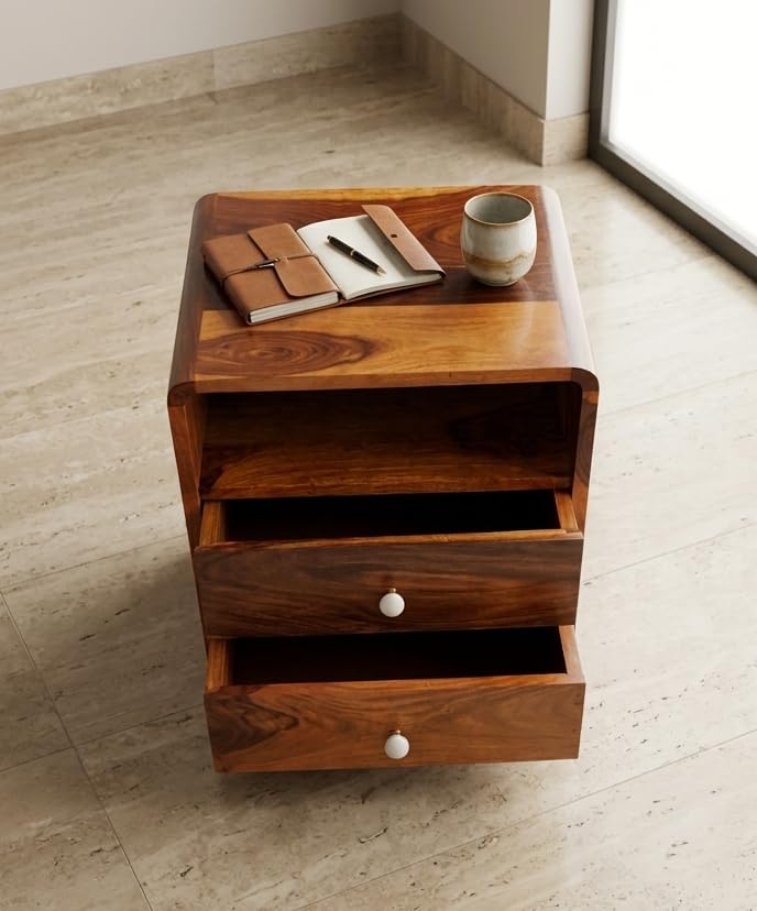 Image of Sheesham Wood Bed Side Table with 2 Drawer and Shelf Storage Wooden Nightstand End Table for Bedroom Home (Brown Finish) Already Assembled