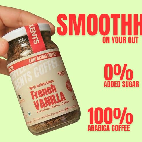 Image of Kents Coffee French Vanilla Instant Coffee | 100% Arabica | LOW ACIDIC COFFEE | Serve HOT & COLD | Smooth & Aromatic Vanilla Flavoured Instant Coffee Powder | Crafted with Natural Vanilla Beans | Chikmagalur | Medium Roast | No SUGAR | No Artifical Flavour ( 50 g Jar)