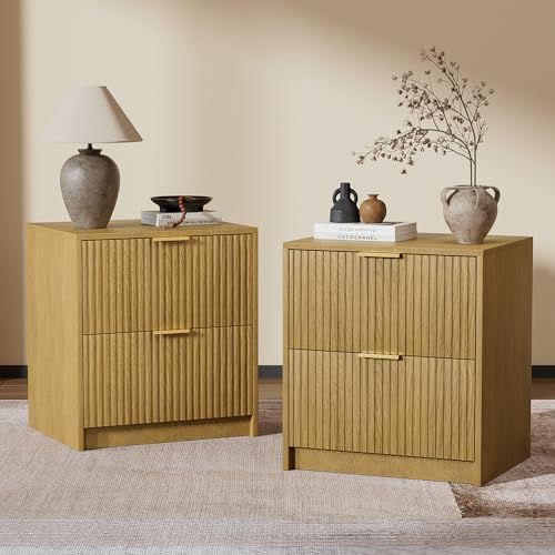 Image of Furniway Nightstands Set of 2, Fluted Nightstand with Gold Metal Handles and 2 Drawers, Modern Bedside Table, 18.5 inch Wide Wood End Table for Bedroom, Natural