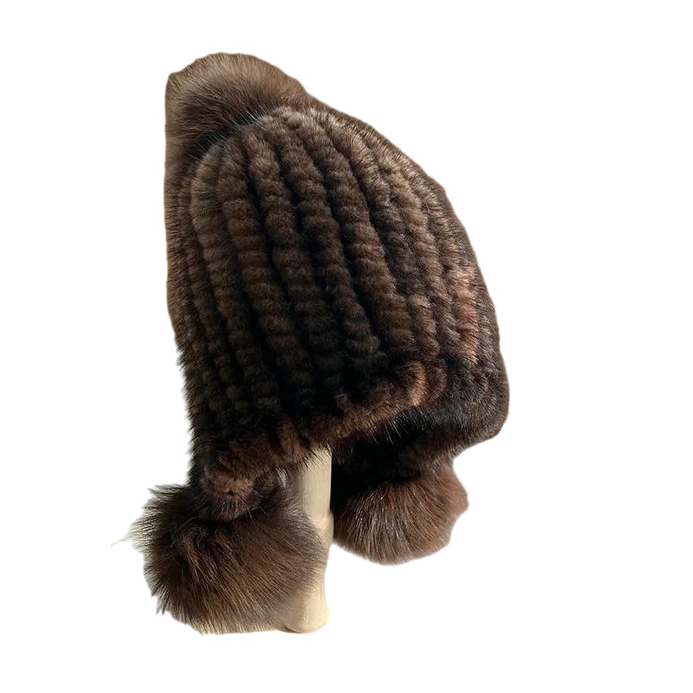 QXDZSW Bonnet chaud d'hiver en fourrure de vison pour femme avec pompon en fourrure de renard sur le dessus