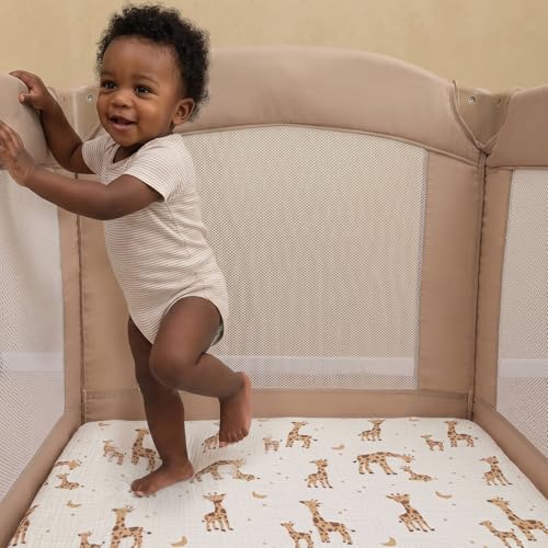 Image of david's kids Muslin Mini Crib Sheets, 2 Pack Cotton Pack N Play Sheets for Boys Girls Neutral, Soft Breathable Baby Sheets Fit Pack N Play, Playard and Mini Crib Mattresses, Giraffe