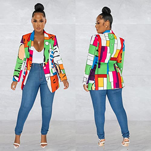 Women Casual Lightweight Blazer Block Printed Turn Collar Draped Boyfriend Ol Work Club Open Front Suit Jackets Coat S #TOP5