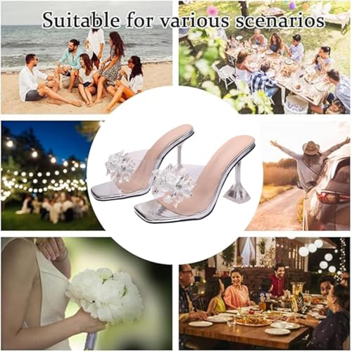 Women's Clear Flower Crystal Stiletto Heel Sandals Fashion Comfortable Square Open Toe Summer Slip On Wine Glasses Heel Dress Slides Sandals for Formal Wedding Party4