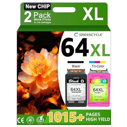 greencycle Remanufactured High Yield Ink Cartridge Replacement for HP 64 XL 64XL N9J91AN N9J92AN Compatible with Envy Photo 7858 7855 7155 6255 7158 7164, Envy 5542 Printer (1 Black, 1 Tri-Color)