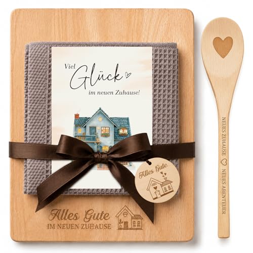 Giftota Einzugsgeschenke zum Einzug Geschenk neues Zuhause mit graviertem Holzschneidebrett Baumwolle Küchentuch & Kochlöffel Herz - Geschenk zur Hauseinweihung Wohnung & Richtfest