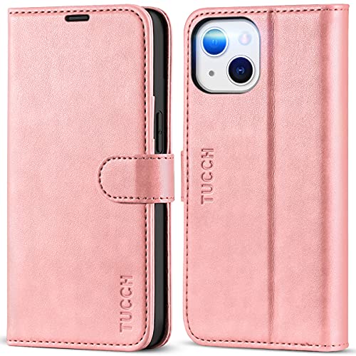 Image of TUCCH Wallet Case for iPhone 13 (6.1 inch) 2021, 3 Card Holders, Rose Gold | RFID Blocking, Viewing Stand, Shockproof TPU Shell, PU Leather, Magnetic Closure, Protective Folio Flip Cover