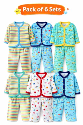 Image of NammaBaby New Born Baby Combo Set Cotton Front Open Full Sleeves Vest- Tshirt Jhabla (6PC) and Unisex Kid's Pajama with Booties (6PC)- Perfect for Your Infants with Cutely Print (12 Pieces)