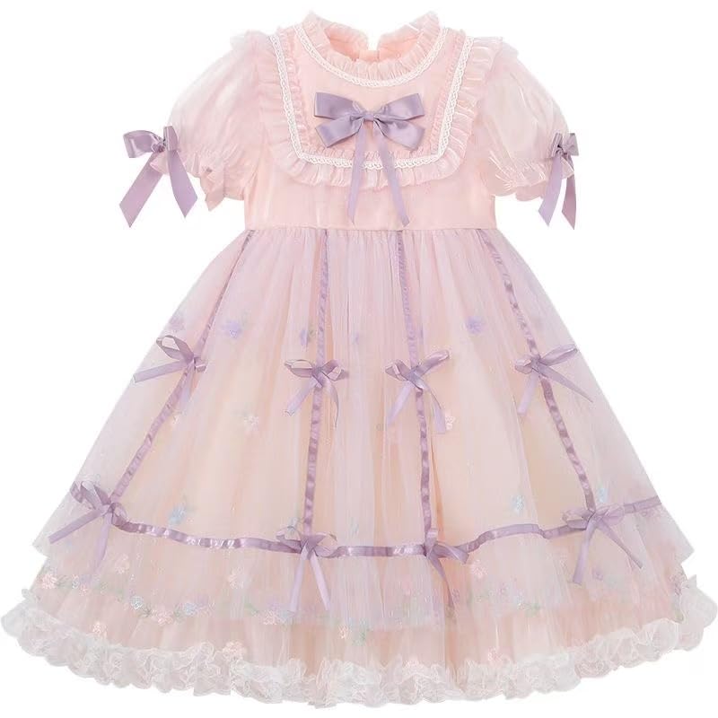 Girls Kawaii Lolita Dress Short Sleeve Sweet Bow Lace Skirt Layered Tulle Twirl Dresses2