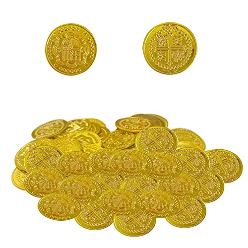 Keptfeet Monedas Falsas Tesoro enterrado - 100 Piezas Monedas Caza del Tesoro Pirata - Tesoro enterrado PP Monedas Juego para niños Fiesta temática Props Decoración, Oro
