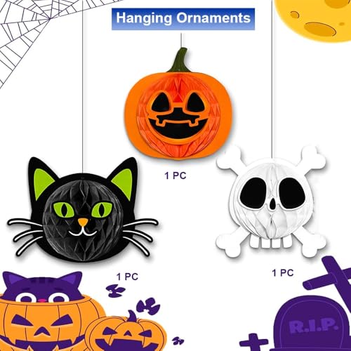 Image of Pop The Party Halloween Hanging Ornaments - 3D Pumpkin, Black Cat & Skull Decorations | Party Supplies for Home, Classroom, Office, Haunted House Decor (3 PCS)
