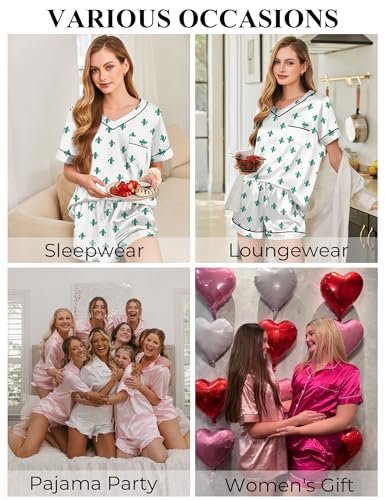 Image of Silk Pajamas for Women Short Sleeve Satin 2 Piece Pj Set Soft V Neck Sleepwear Loungewear, S-XXL