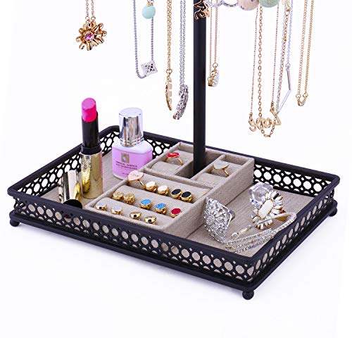 Minggoo Jewelry Tree Stand Organizer 3in1 Necklace Organizer Display Bracelet Earrings and Ring Tray Jewelry Holder Hanger Metal Black