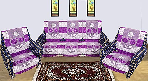 Image of Kuber Industries Side Flower Cotton 5 Seater Sofa Cover, 70 inch x 29 inch, Set of 6, Purple