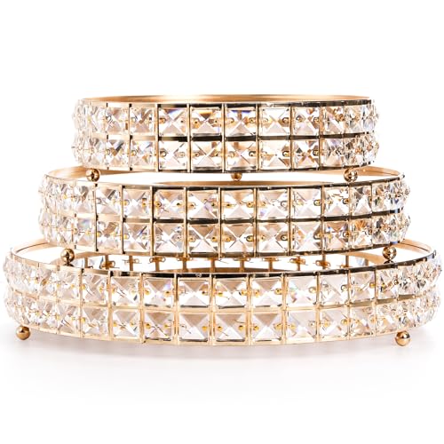 Goaste 3 Pack Crystal Cake Display Stand with Mirror, 14" 12" 10" Metal Pedestal Gold Round Cake Plate Stand, Dessert Cookies Fruit Serving Tray with Shining Crystal Beads for Wedding, Birthday Party - Image 5