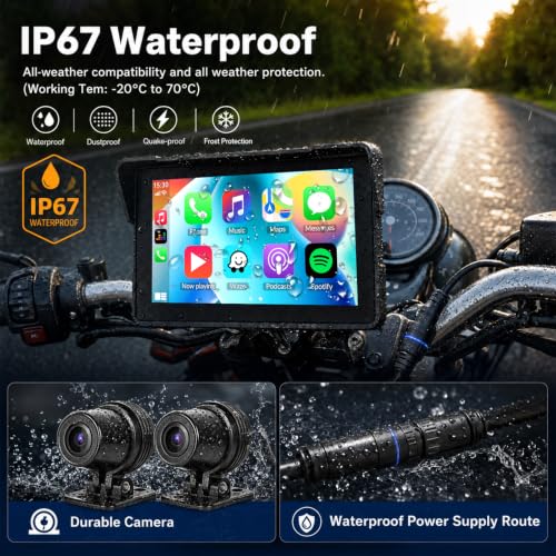 Image of SIXTOP 7 inch Motorcycle CarPlay Screen w Dual 1080P Dash Cam CarPlay Android Auto GPS Navigation System for Motorcycle IP67 Waterproof Touch Screen Bluetooth Voice Control Wired Control Magnetic Mount