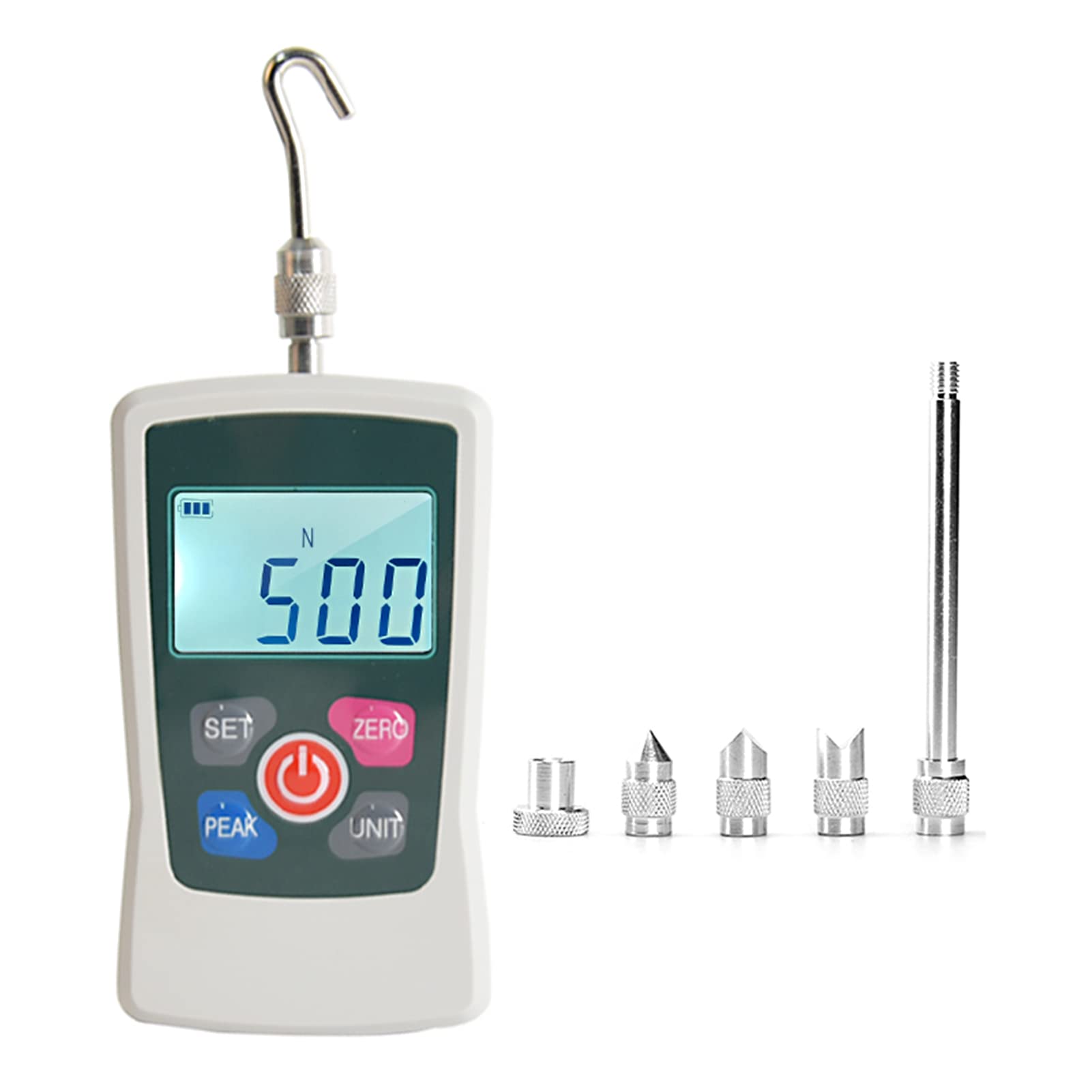 Digitales Kraftmessgerät 500 N/ 50 kg/ 110 lb/ 1760 oz Tragbares Push-Pull-Kraftmesser, schaltbares, hintergrundbeleuchtetes Mini-Dynamometer mit 6 Leuchtenköpfen, Aufbewahrungskoffe