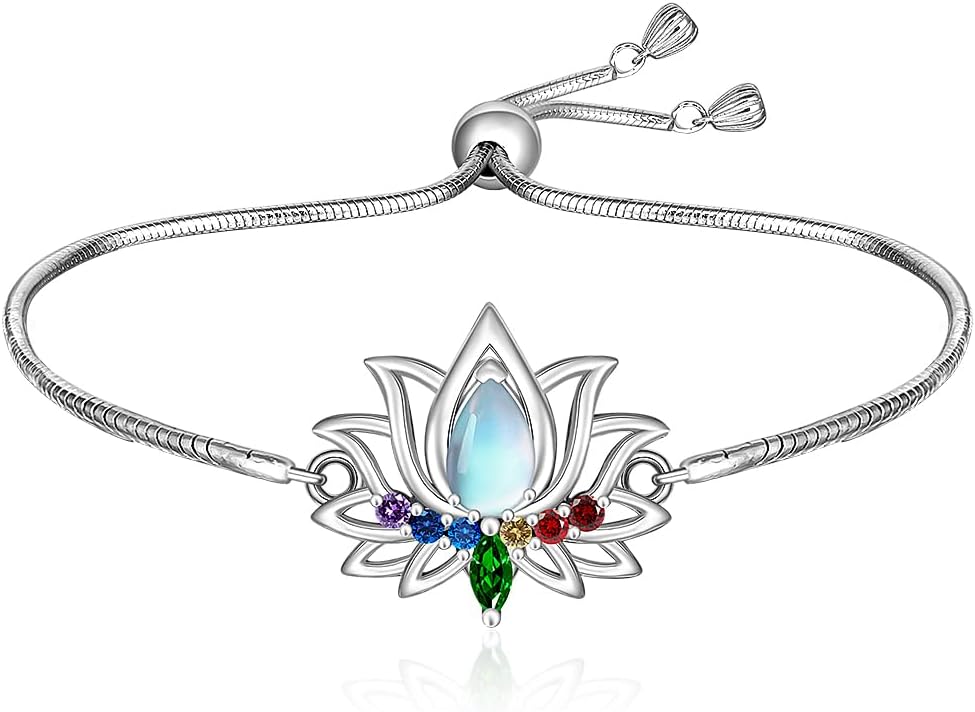 7 Chakra Bracelet Lotus Bracelet Moonstone Chakra Bracelets for Women 925 Sterling Silver Yoga Seven Crystal Jewelry Christmas Valentines Day Gifts