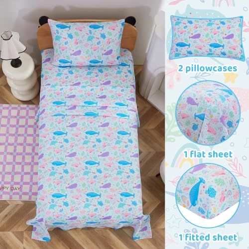Image of Viviland 4 Pieces Girls Blue Marine Full Sheet Set - Soft Microfiber Fitted Flat Sheets & Pillowcases Bed Sheet Set - Colorful Marine Animals Print Bedding Sets for Kids