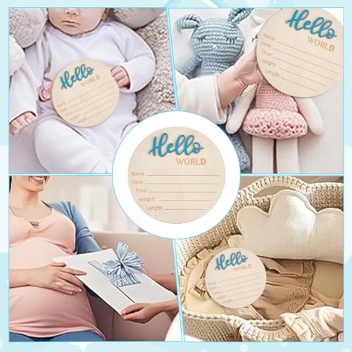 Image of 3Pcs Newborn Announcement Sign 5.9Inches Round Wooden Hello World Newborn Name Board Birth Stat Plaque Photo Prop Gifts Blue for Hospital Home Nursery Shower